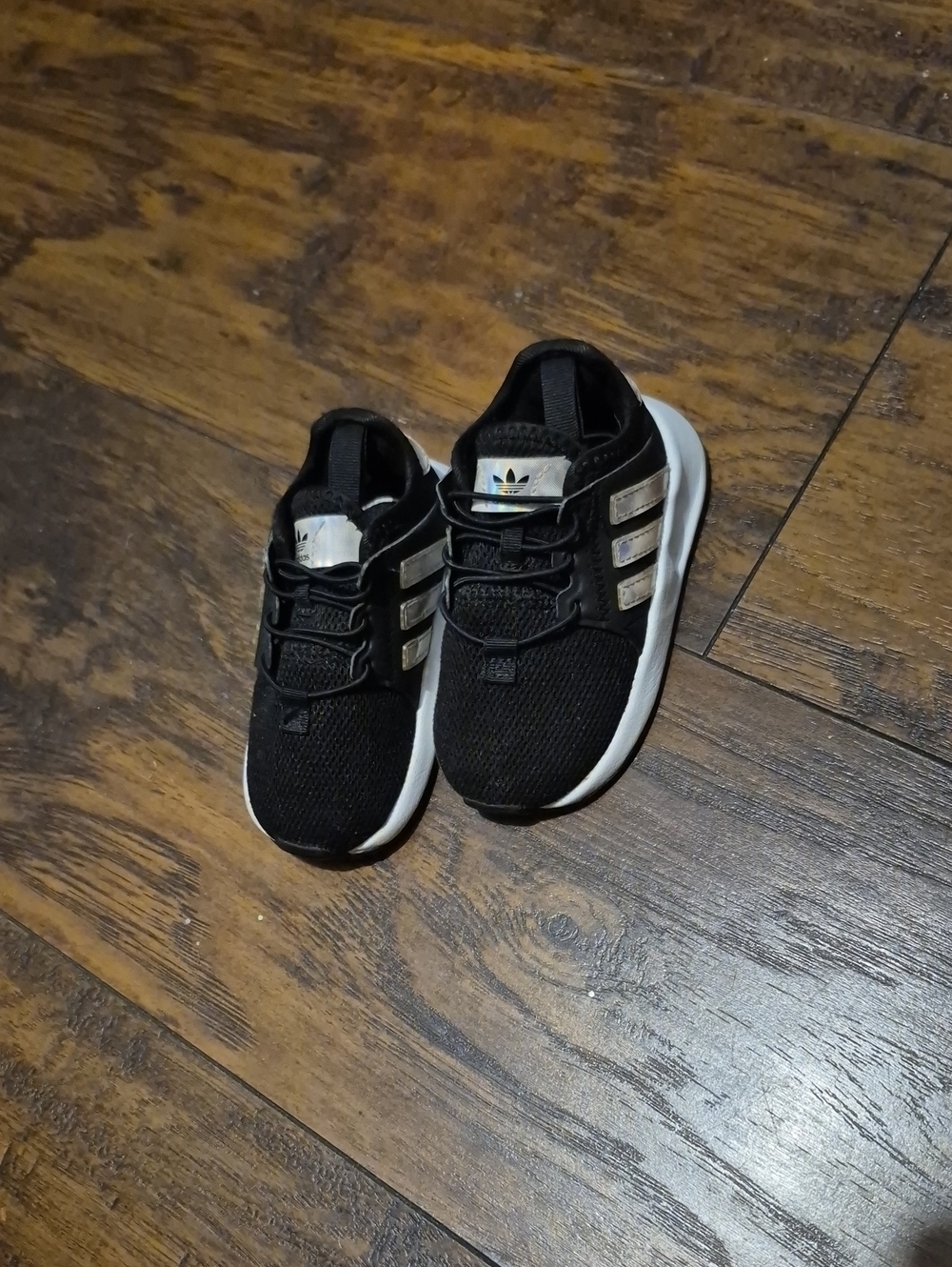 adidas Kids Black Sneakers with White Sole and Silver Stripes